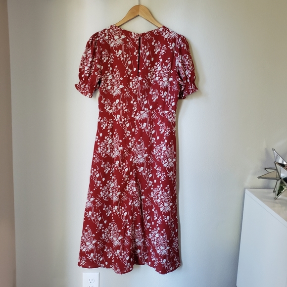 Red Floral Smocked Puff Sleeve Midi Dress - Picture 10 of 15